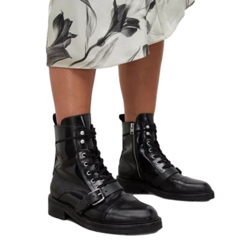 AllSaints Donita Goat Leather Black Lace Up Boots Size 8